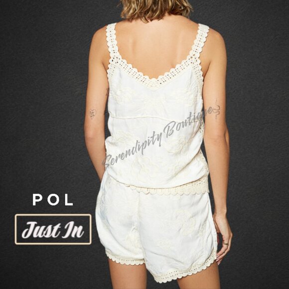 POL Linen and Lace 2pc Lounge Shorts Cami Top Antique Lace Crochet Embroidered - Picture 3 of 11